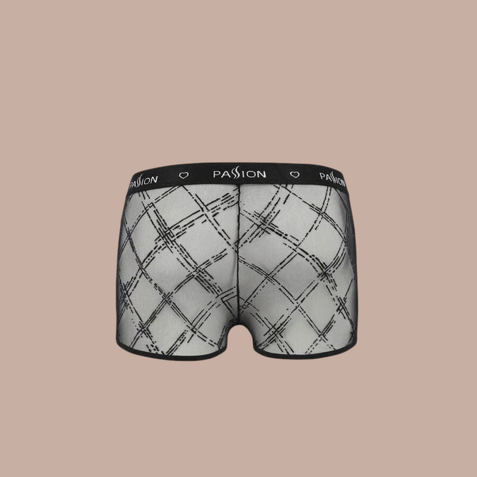 Pleasurements Passion 032 Shorts James in zwart met een transparant ruitpatroon en elastische tailleband met logo.
