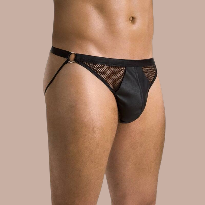 Pleasurements Passion zwarte slip met open design, mesh details en metalen ring voor een sensueel silhouet.