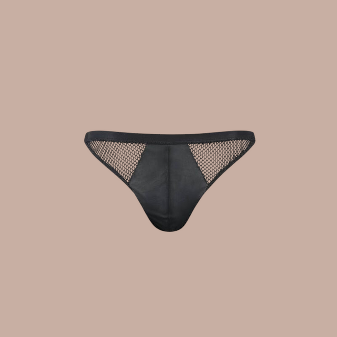 Pleasurements Passion 034 Slip Open Luke zwarte herenslip met mesh details en een gedurfd open ontwerp