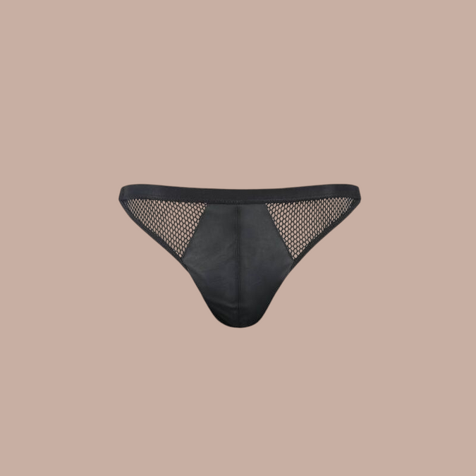 Pleasurements Passion 034 zwarte slip met open achterkant en mesh details voor een verleidelijk silhouet