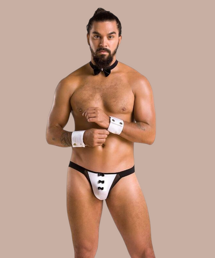 Passion Men – 036 Slip Alfrojo Black | Premium Men’s Underwear Pleasurements Passion 036 Slip Alfrojo zwarte herenslip met witte accenten, strikje en manchetten voor een sensuele look
