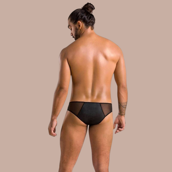 Pleasurements Passion 042 Slip Timmy zwarte herenslip met transparante mesh details gezien vanaf de achterkant