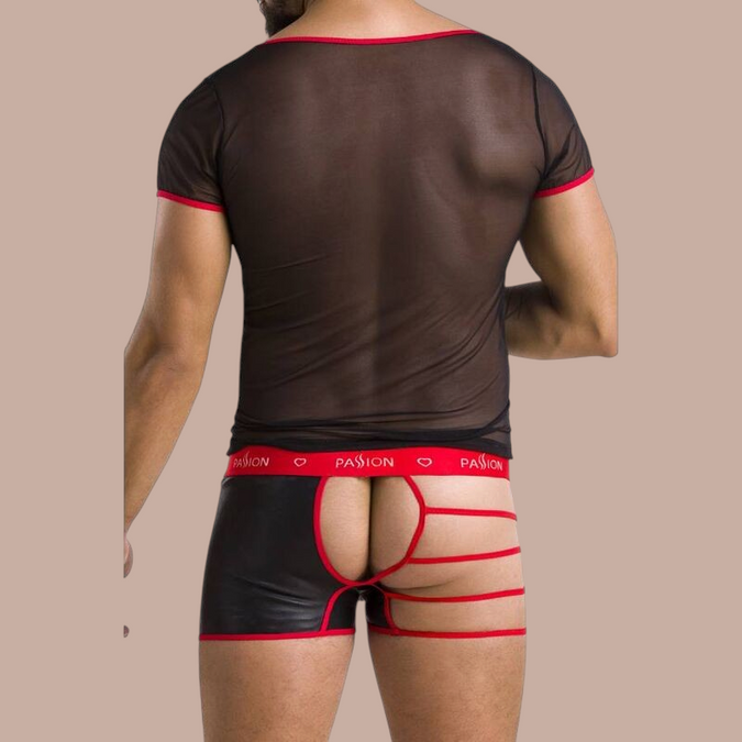 Pleasurements Passion 055 Set Mark zwarte herenondergoedset met mesh shirt en uitgesneden boxershort met rode accenten