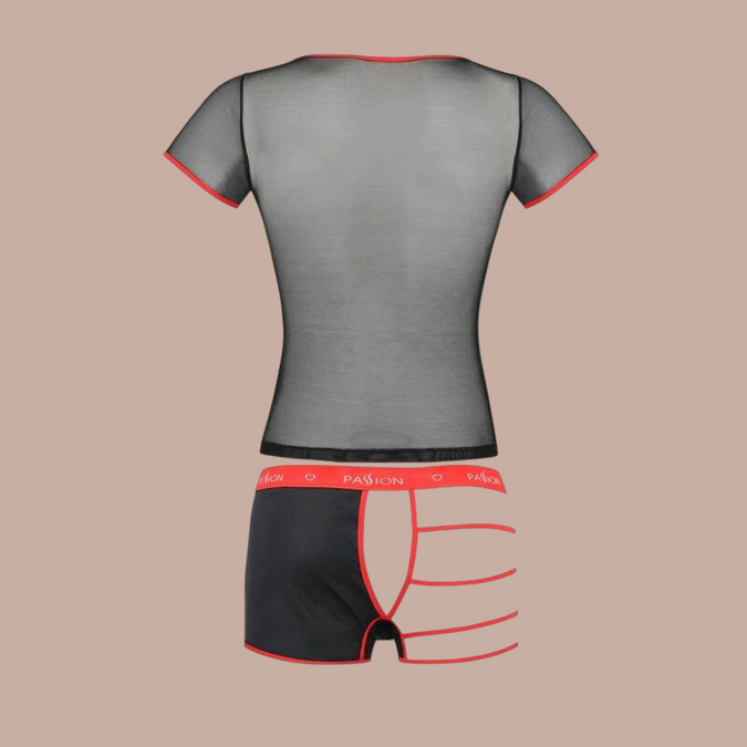 Pleasurements Passion 055 Set Mark zwarte herenondergoedset met transparant mesh shirt en open boxer met rode accenten