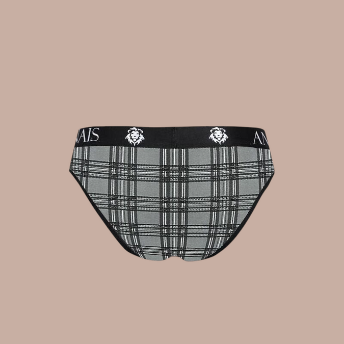 Pleasurements Anais Men Balance Slip in grijs met zwart ruitpatroon en elastische tailleband met logo