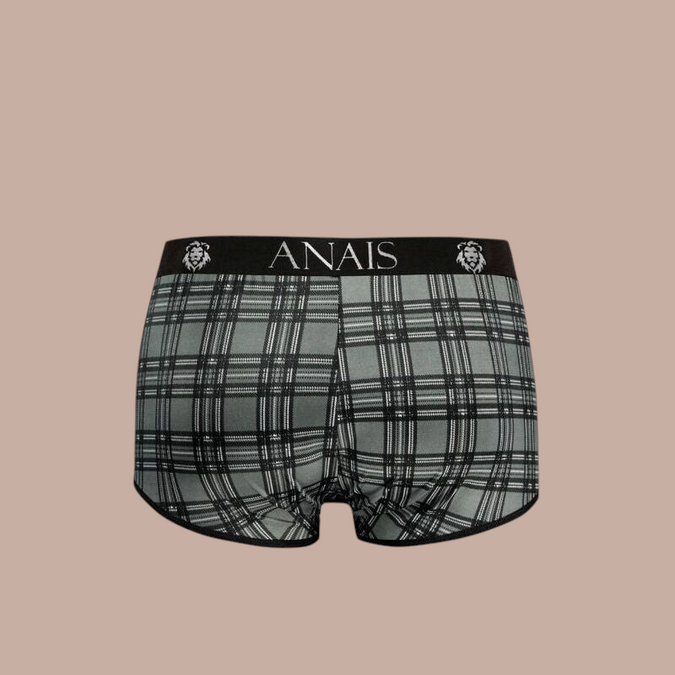 Pleasurements Anais Men Balance boxer in grijs met zwart ruitpatroon en elastische tailleband met logo