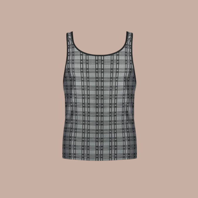 Pleasurements Anais Men Balance Top met grijs en zwart ruitpatroon en zwarte bies