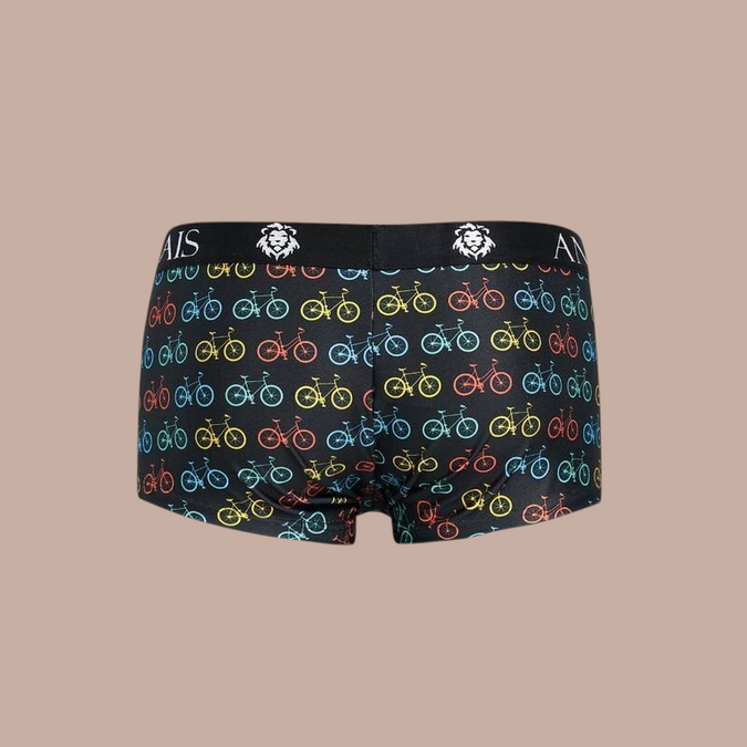Pleasurements Anais Men Benito boxer met zwarte ondergrond en kleurrijk fietsenpatroon en elastische tailleband