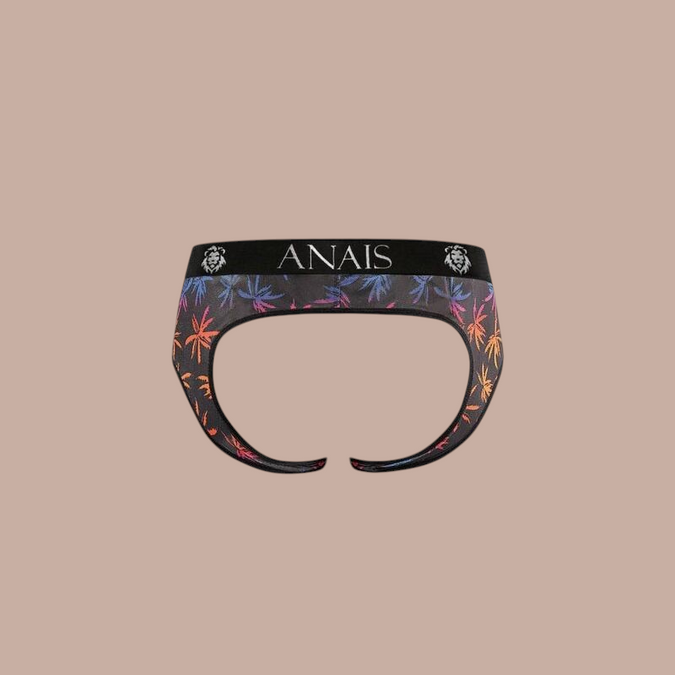 Pleasurements Anais Men Chill jockstrap met kleurrijk palmboompatroon en zwarte elastische tailleband met logo