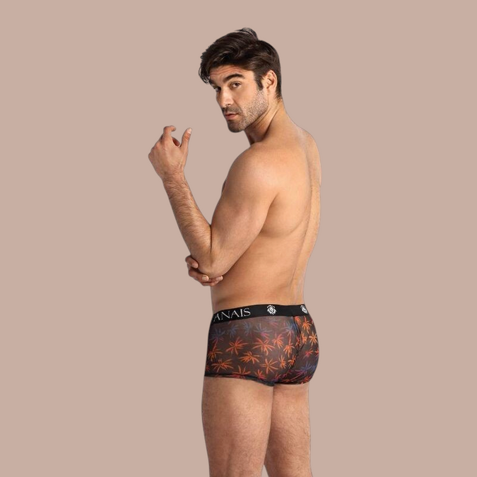 Pleasurements Anais Men Chill Boxer met kleurrijk bladerpatroon op zwarte transparante stof en elastische tailleband.