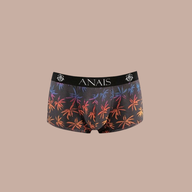 Pleasurements Anais Men Chill Boxer met kleurrijk palmboompatroon en zwarte tailleband met merklogo.