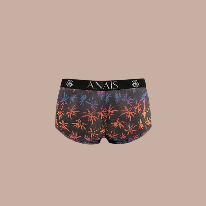 Pleasurements Anais Men Chill Boxer met kleurrijk palmboompatroon en zwarte tailleband met merklogo.