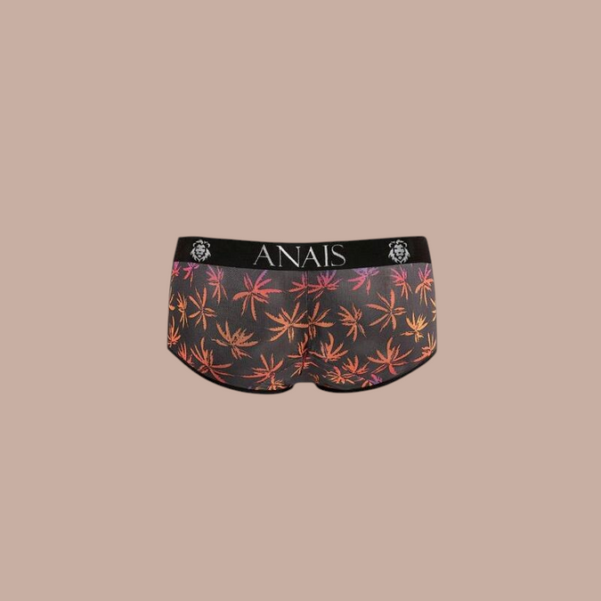 Pleasurements Anais Men Chill boxer brief met zwart en oranje palmboomprint en elastische tailleband met logo