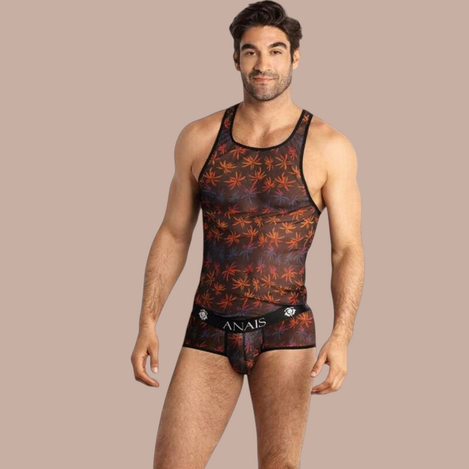 Pleasurements Anais Men Chill Top in doorschijnende stof met kleurrijk bladmotief en zwarte bies