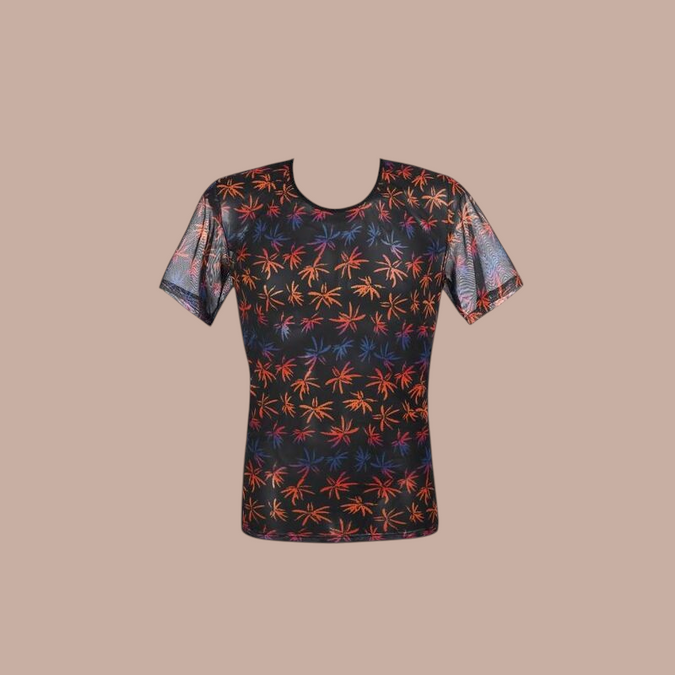 Pleasurements Anais Men Chill T-shirt in zwart transparant mesh met kleurrijk palmbladpatroon