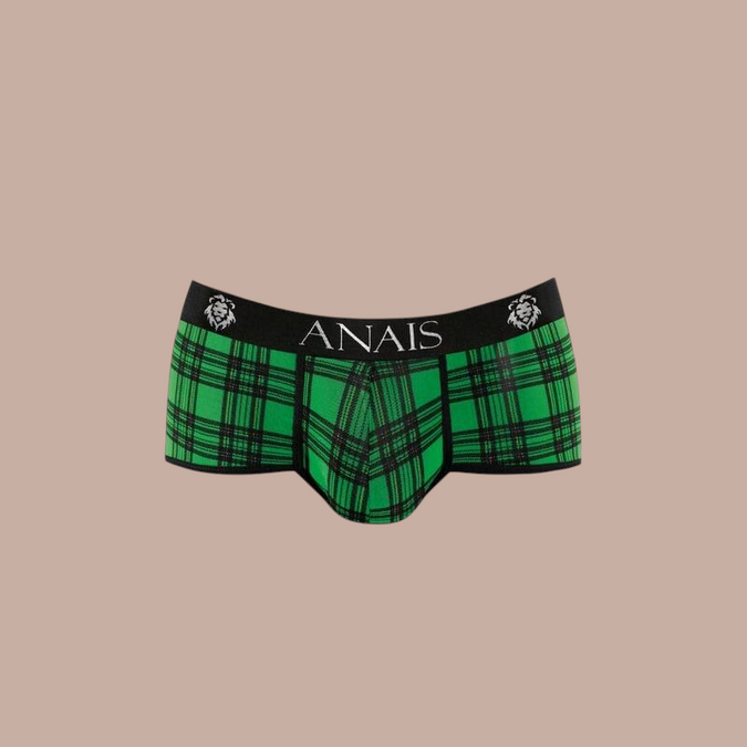 Pleasurements Anais Men Magic Brief in groen met zwart ruitpatroon en elastische tailleband met merklogo.