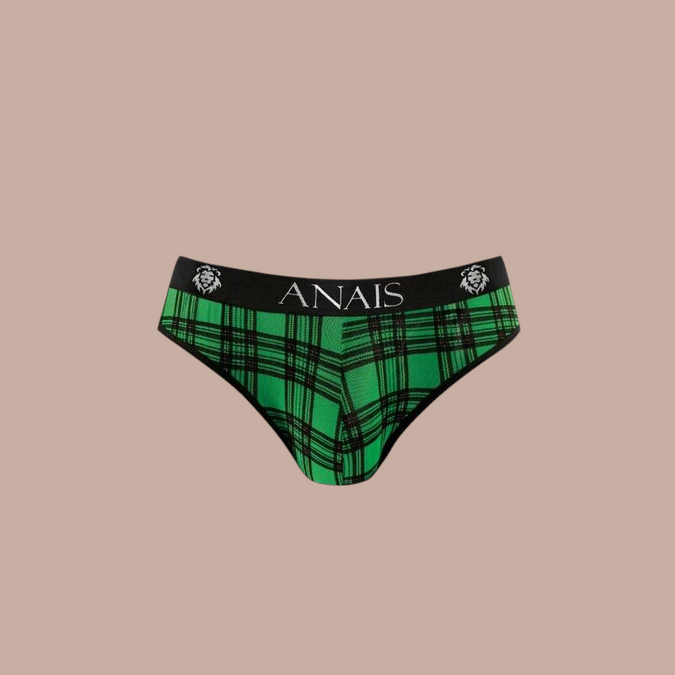 Pleasurements Anais Men Magic Slip in groen met zwart ruitpatroon en elastische tailleband met logo