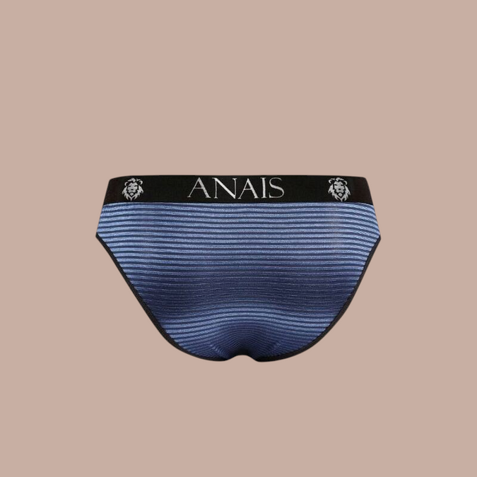 Pleasurements Anais Men Naval Slip in blauw met horizontale strepen en zwarte tailleband met merklogo