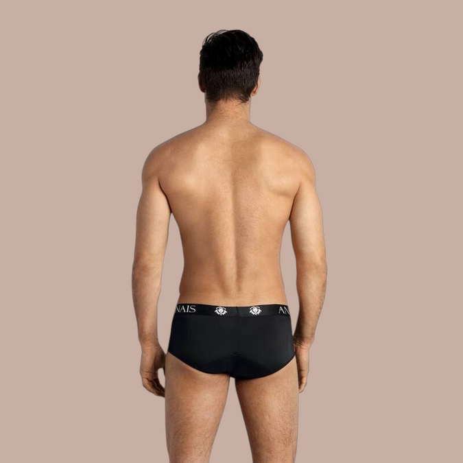 Pleasurements Anais Men petrolkleurige herenslip met elastische tailleband gezien vanaf de achterkant