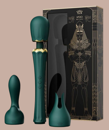 Zalo – Kyro Toverstaf Groen Pleasurements Zalo Kyro groene siliconen wandmassager met gouden details en verwisselbare opzetstukken