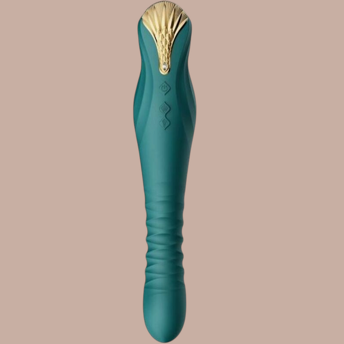 Pleasurements Zalo King Thruster in groen siliconen met gouden accenten en PowerThrust technologie