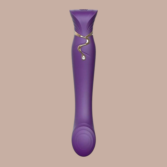 Paarse Zalo Queen G-spot vibrator van Pleasurements met gouden details en een Swarovski kristal in zachte siliconen.