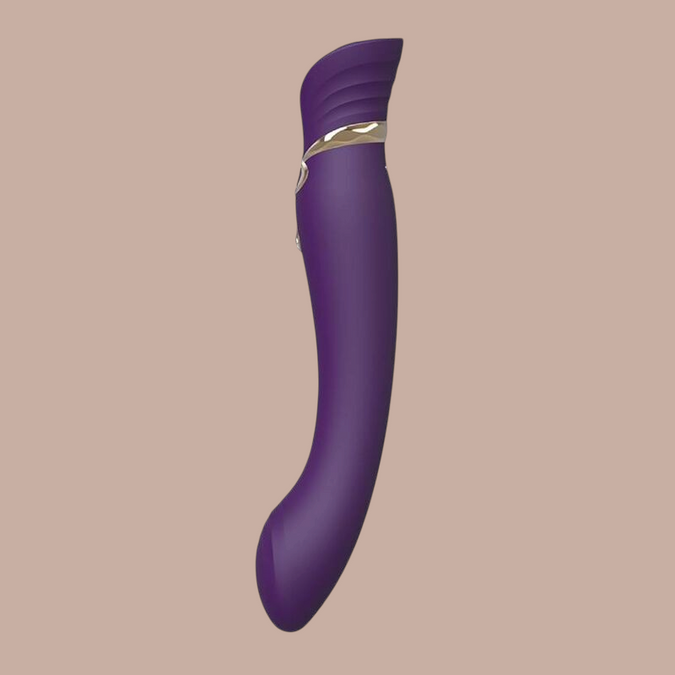 Paarse Zalo Queen G-spot vibrator van Pleasurements met siliconen afwerking en elegante gouden details.