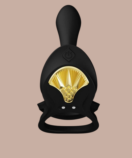 Zalo – Bayek Vibrerende Koppelring Zwart Pleasurements Zalo Bayek zwarte siliconen vibrerende koppelring met gouden Egyptisch geïnspireerd detail