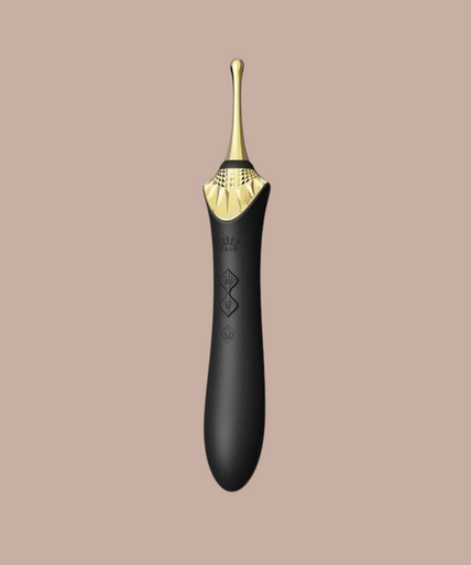 Zalo – Bess 2 Clitorismassager Zwart Pleasurements Zalo Bess 2 zwarte siliconen clitorismassager met verwisselbare opzetstukken en gouden accenten.