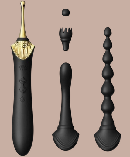 Zalo – Bess 2 Clitorismassager Zwart Pleasurements Zalo Bess 2 zwarte siliconen clitorismassager met verwisselbare opzetstukken en gouden accenten.