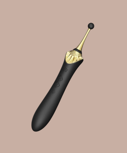 Zalo – Bess 2 Clitorismassager Zwart Pleasurements Zalo Bess 2 zwarte siliconen clitorismassager met verwisselbare opzetstukken en gouden accenten.