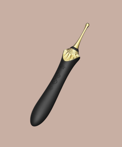 Zalo – Bess 2 Clitorismassager Zwart Pleasurements Zalo Bess 2 zwarte siliconen clitorismassager met verwisselbare opzetstukken en gouden accenten.