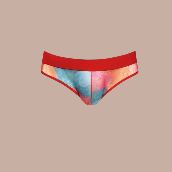 Pleasurements Anais Men Falcon slip met kleurrijke abstracte print en opvallende rode tailleband