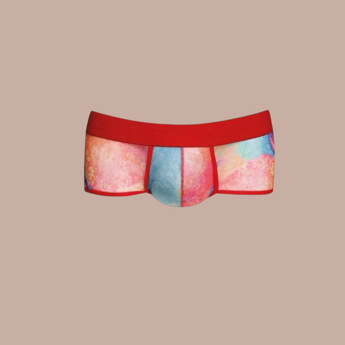 Pleasurements Anais Men Falcon boxer brief met kleurrijke aquarelprint en opvallende rode tailleband.