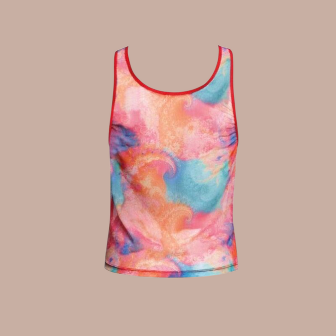 Pleasurements Anais Men Falcon Top met kleurrijk abstract patroon en rode bies voor een stijlvolle uitstraling.
