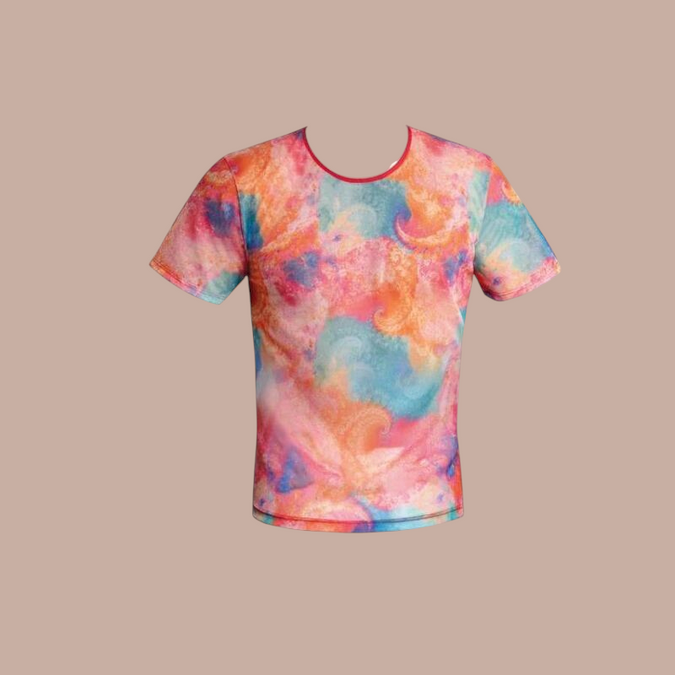Pleasurements Anais Men Falcon T-shirt met kleurrijk abstract patroon in roze, oranje en blauwe tinten