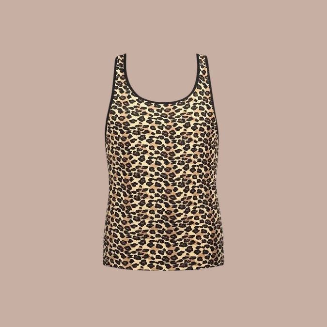 Pleasurements Anais Men Mercury top met luipaardprint en zwarte biesranden voor een stijlvolle uitstraling.