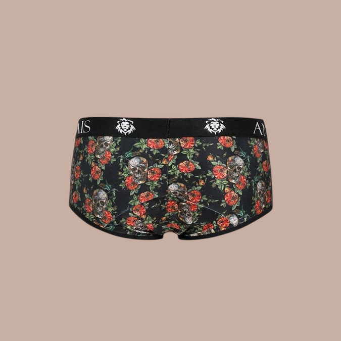 Pleasurements Anais Men Power Brief met zwarte onderbroek met schedel- en rozenprint en elastische tailleband.