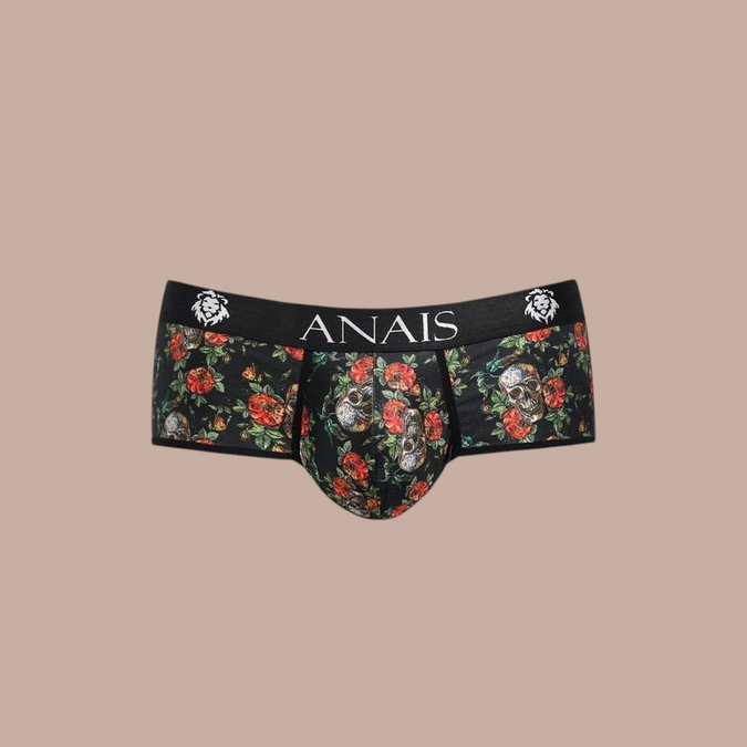Pleasurements Anais Men Power Brief met zwarte ondergrond, schedel- en rozenprint en elastische tailleband.
