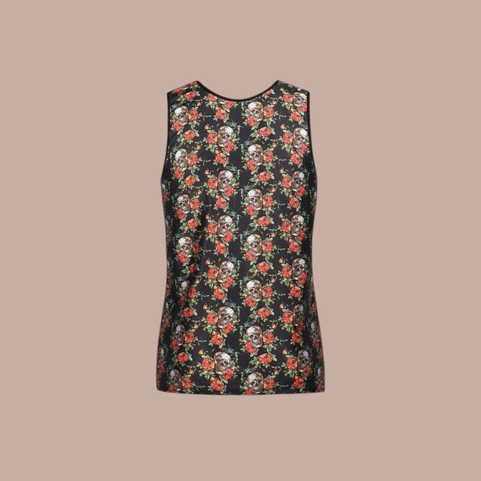 Pleasurements Anais Men Power Top met zwarte ondergrond, schedel- en rozenprint voor een gedurfde uitstraling.