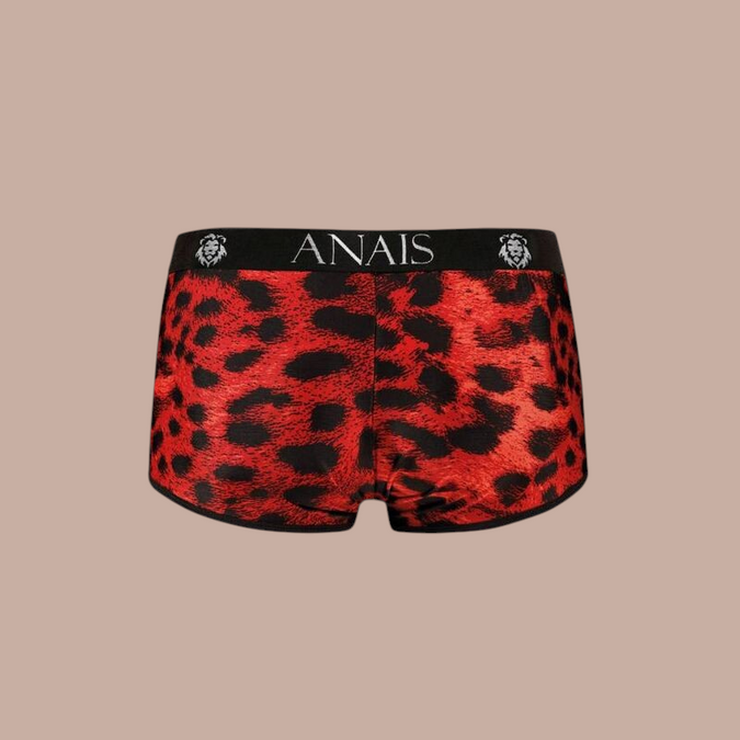 Pleasurements Anais Men Savage boxer met rood en zwart luipaardpatroon en zwarte tailleband met logo