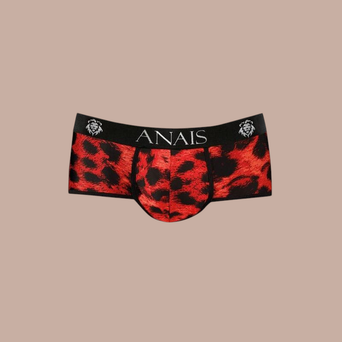 Pleasurements Anais Men Savage brief met opvallende rood-zwarte luipaardprint en zwarte elastische tailleband.