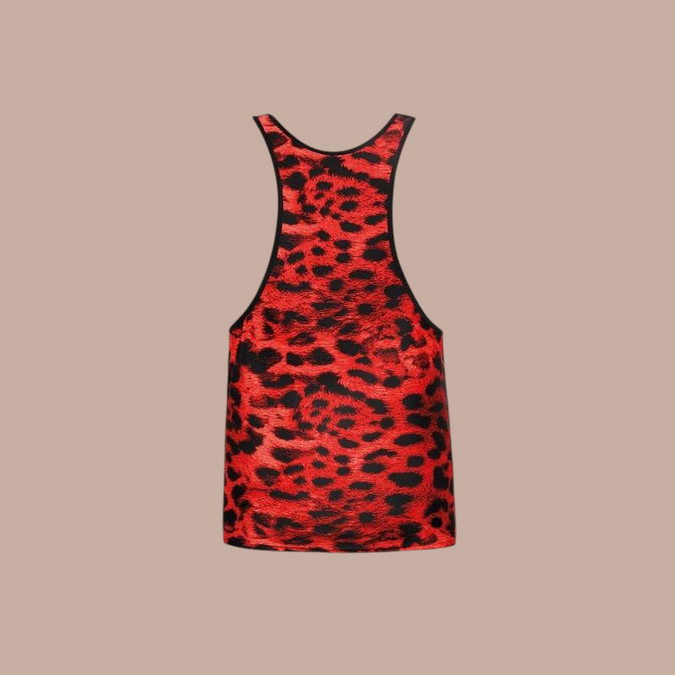 Pleasurements Anais Men Savage Top met opvallende rood-zwarte luipaardprint en zwarte biesafwerking