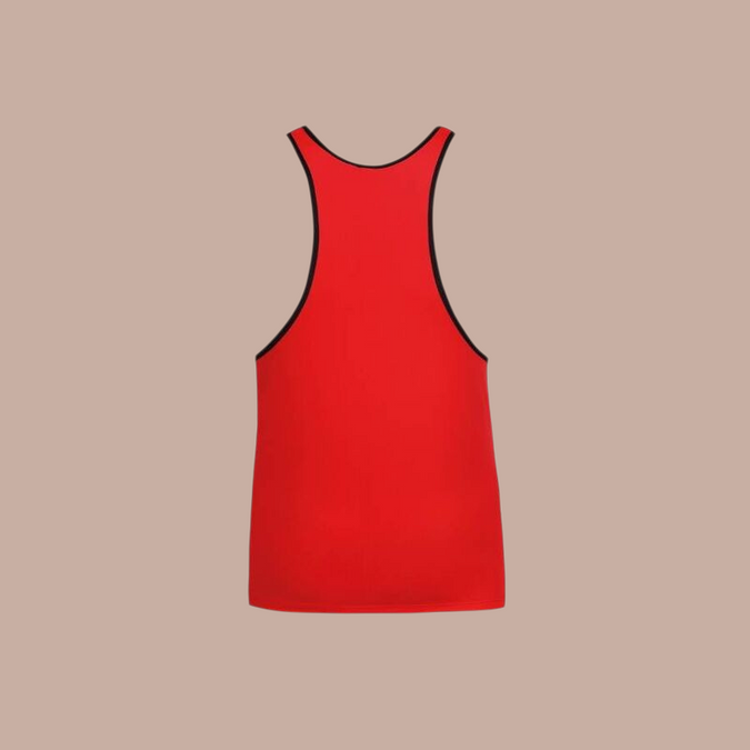 Pleasurements Anais Men Soul Top in rood met zwarte biezen, een mouwloos herenhemd voor een stijlvolle look.