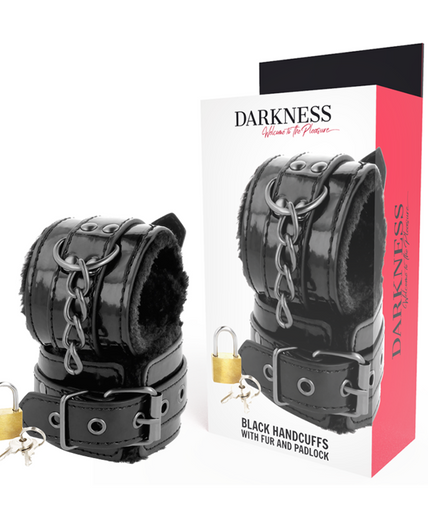 DARKNESS - BLACK ADJUSTABLE LEATHER HANDCUFFS WITH PADLOCK DARKNESS - BLACK ADJUSTABLE LEATHER HANDCUFFS WITH PADLOCK