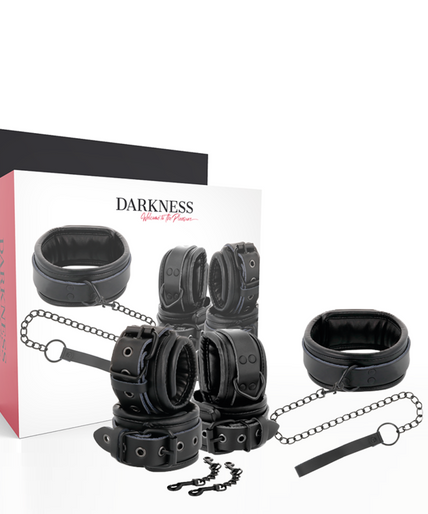 DARKNESS - BLACK LEATHER HANDCUFFS AND COLLAR DARKNESS - BLACK LEATHER HANDCUFFS AND COLLAR