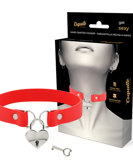 COQUETTE CHIC DESIRE - RED VEGAN LEATHER NECKLACE WITH HEART ACCESSORY WITH KEY COQUETTE CHIC DESIRE - RED VEGAN LEATHER NECKLACE WITH HEART ACCESSORY WITH KEY