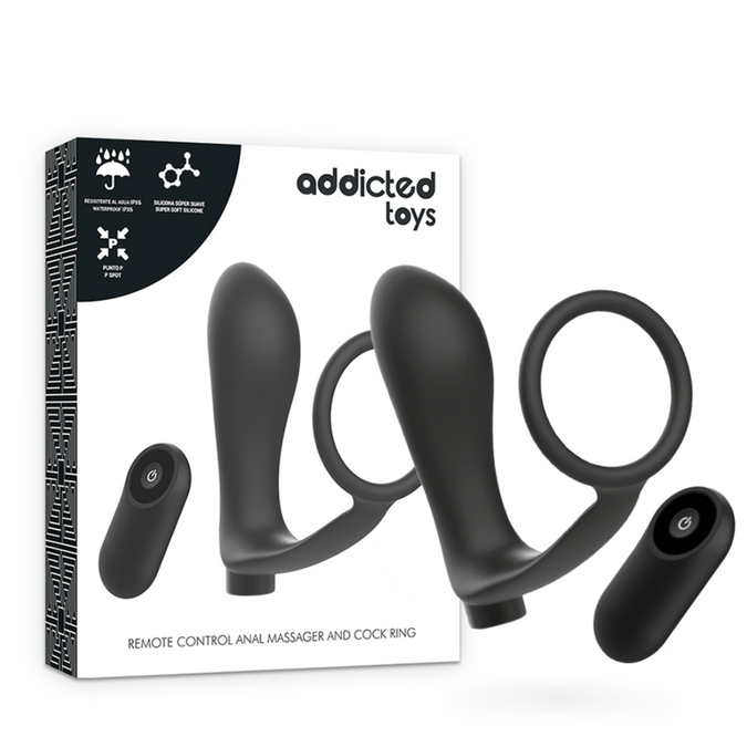 ADDICTED TOYS - PENISRING MET AFSTANDSBEDIENING ANALE PLUG ZWART OPLAADBAAR