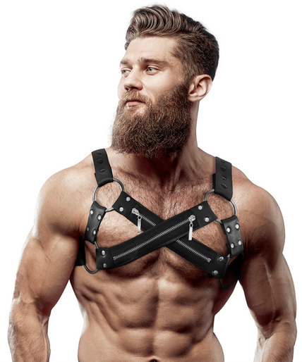 FETISH SUBMISSIVE ATTITUDE - ADJUSTABLE NEOPRENE CROSS-OVER CHEST BULLDOG HARNESS WITH ZIPPERS FOR MEN FETISH SUBMISSIVE ATTITUDE - ADJUSTABLE NEOPRENE CROSS-OVER CHEST BULLDOG HARNESS WITH ZIPPERS FOR MEN