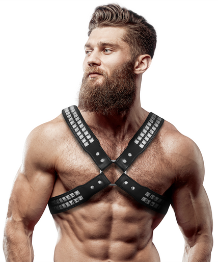 FETISH SUBMISSIVE ATTITUDE - MENS CROSSED CHEST ECO-LEATHER HARNESS WITH RIVETS FETISH SUBMISSIVE ATTITUDE - MENS CROSSED CHEST ECO-LEATHER HARNESS WITH RIVETS